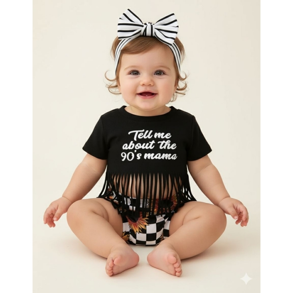 Baby Girl Retro Fringe Black Tee Sunflower Checker Bloomer Summer Kids Set 3-6M